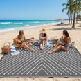 thumbnail image 2 of HIWEAVER Gray/White 5' x 8' Outdoor Rug PP Plastic Straw Woven Waterproof Patio Rug with Striped Pattern Portable Outside Carpet for Balcony Deck Picnic Garden Decor, 2 of 6