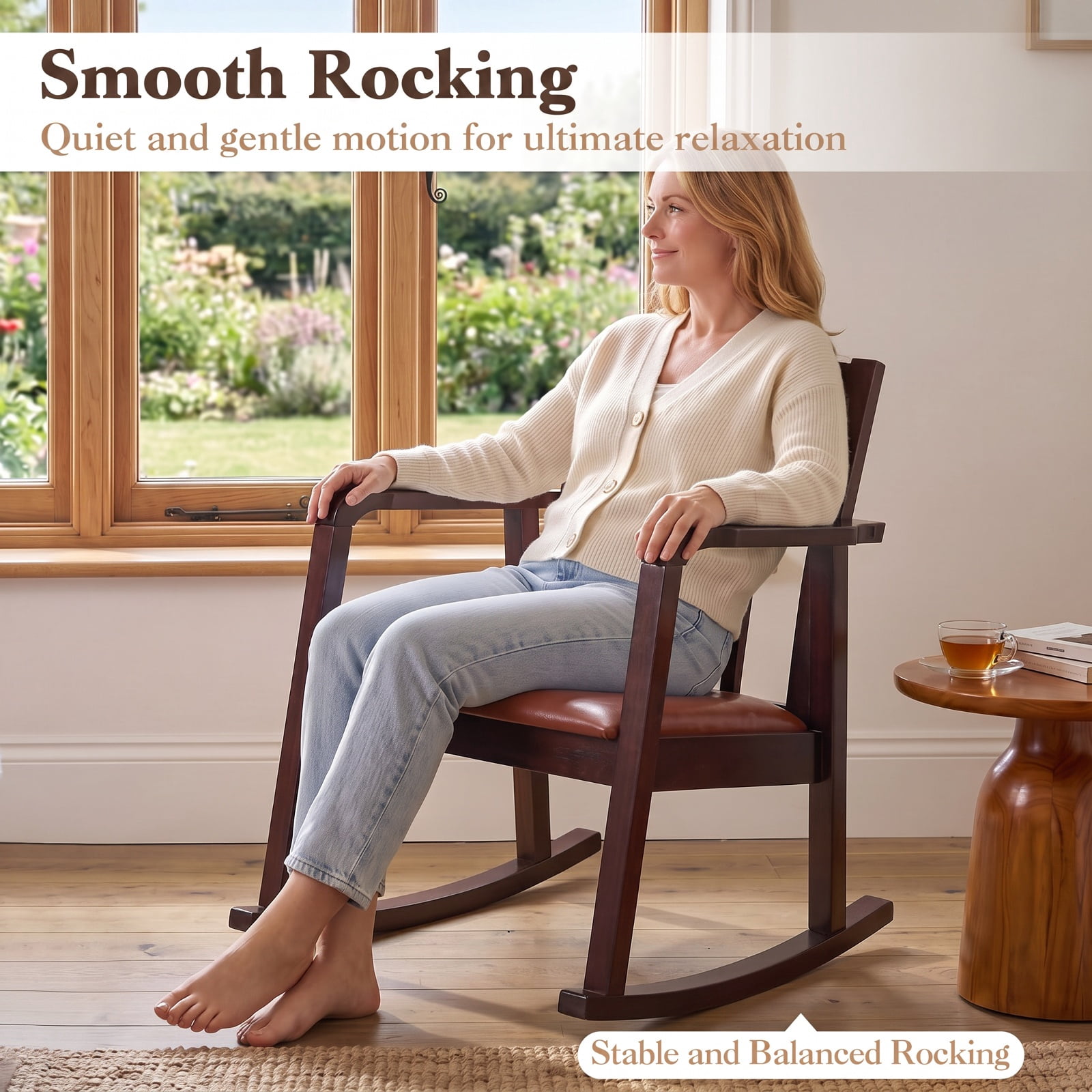 Biotree Wooden Rocking Chair with Upholstered Seat and Ladder Back for Living Room, Brown