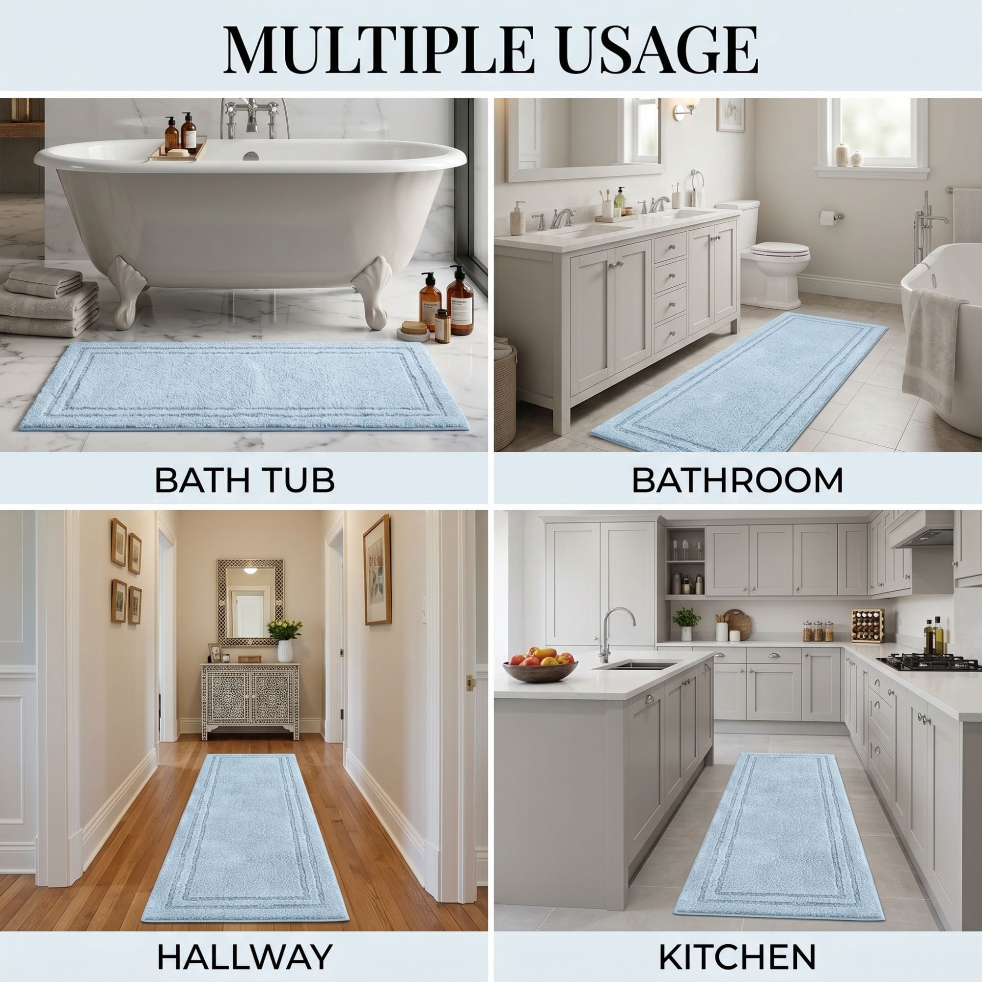 Superior Solid Bordered Cotton Washable Non-Slip Bath Rug, Runner Size, Light Blue