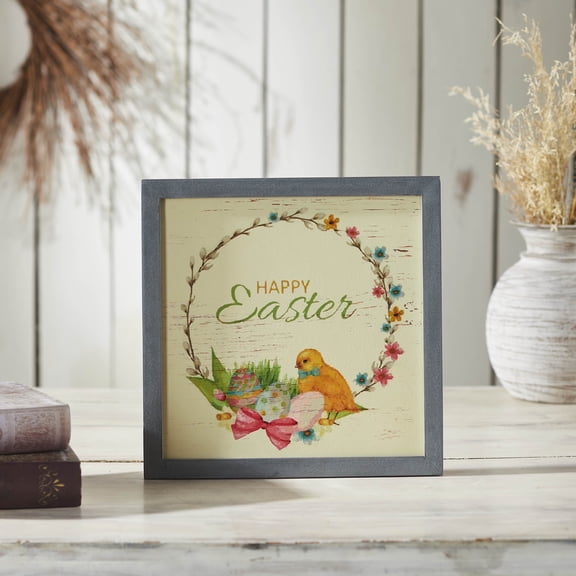 VHC Brands Bunny Hop Happy Easter Chick & Wreath MDF Wall Sign 12x12, Easter Decor, Home Decorations for Wall or Door, Spring and Easter Hanging Decoration