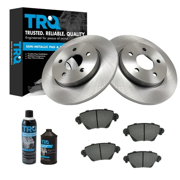 TRQ Rear Semi Metallic Brake Pad & Rotor s Kit w/Fluids for 02-04 Jaguar X-Type BKA27076
