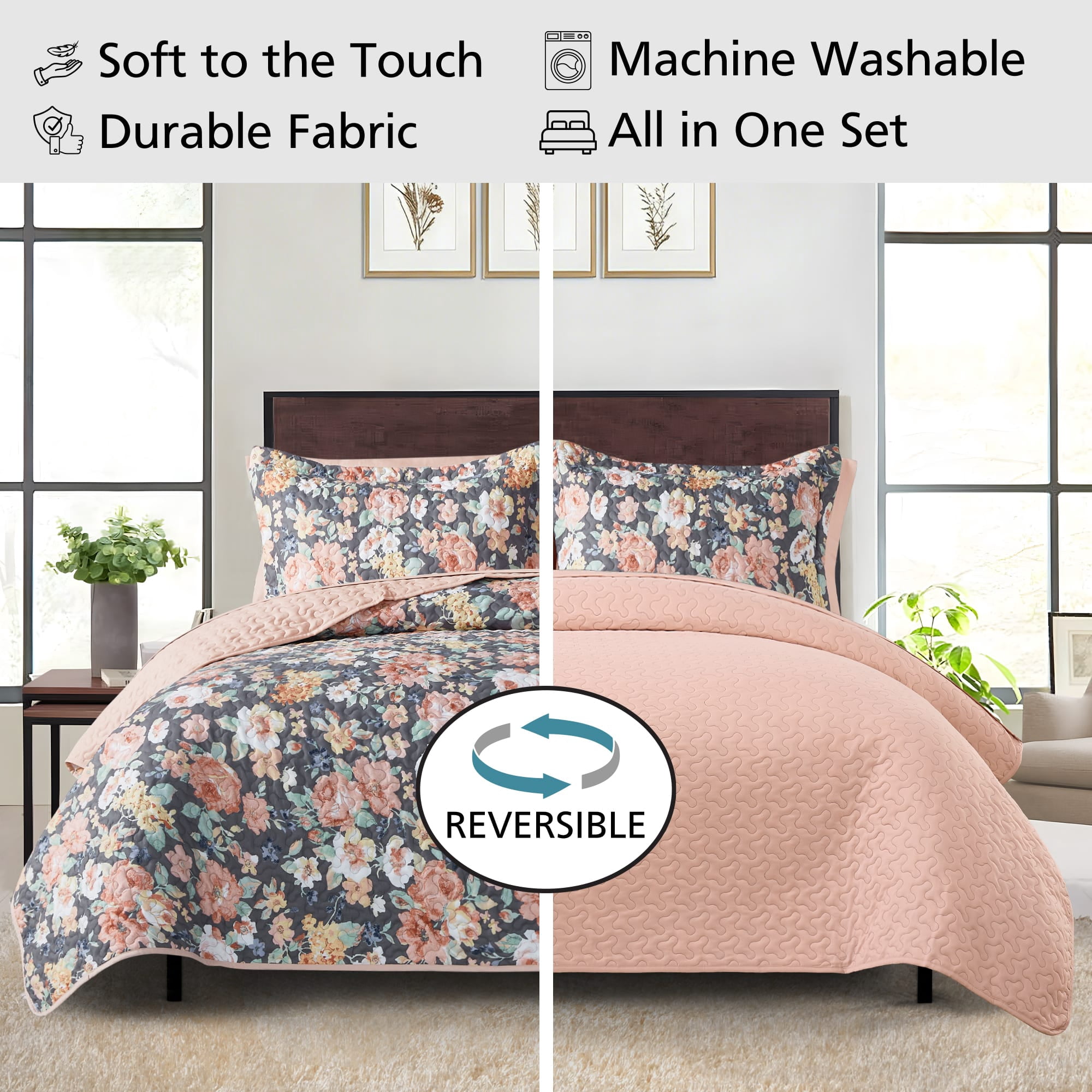 Mainstays All in One Lightweight Quilt Set and Sheet Set -7 Piece, Queen, Gray Floral