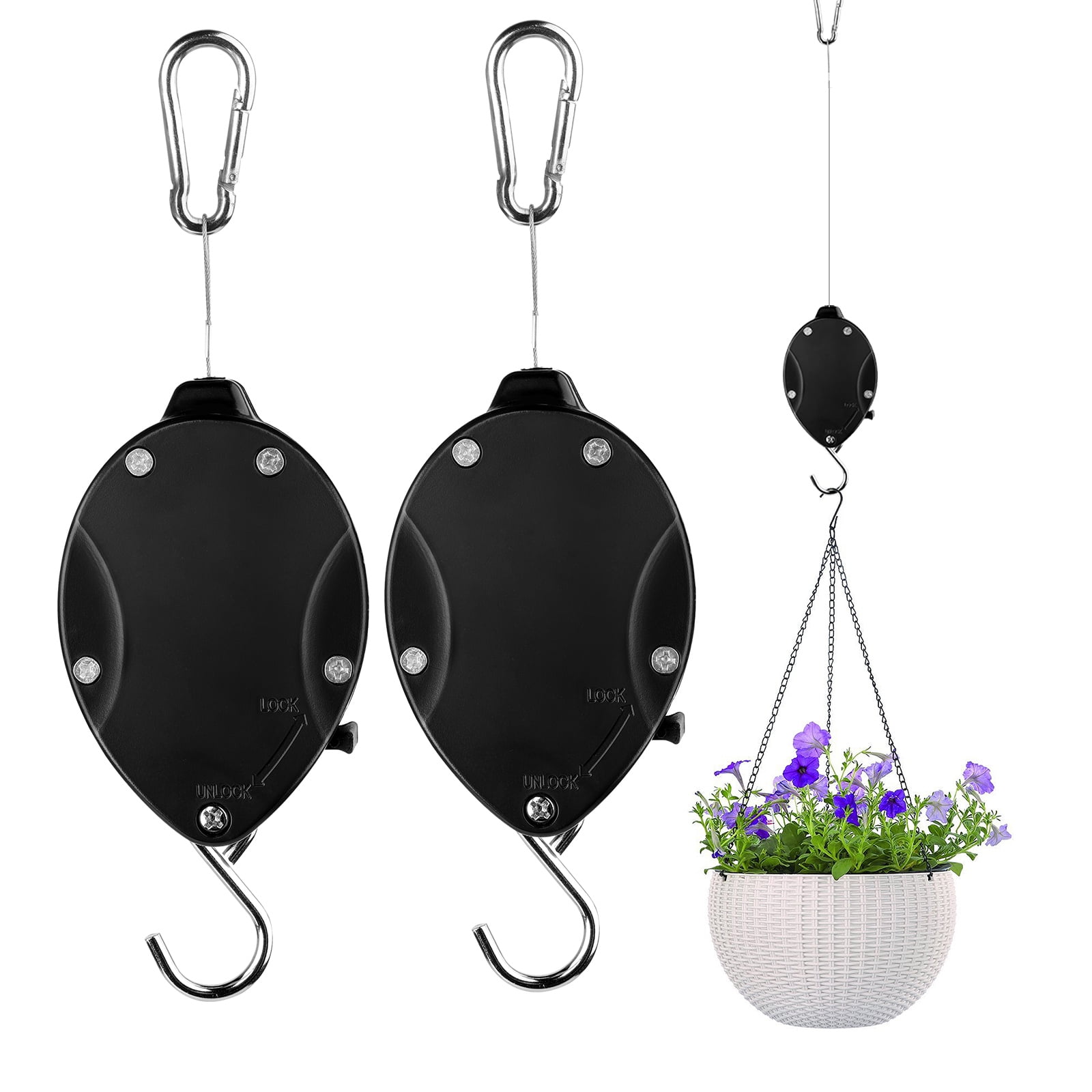 2Pack Jsanh Plant Pulley Retractable Pulley Plant Hanger Adjustable Plant Hangers with 2 Pack Ceiling Hooks for Garden Baskets Pots and Birds Feeder in Different Height Lower and Raise
