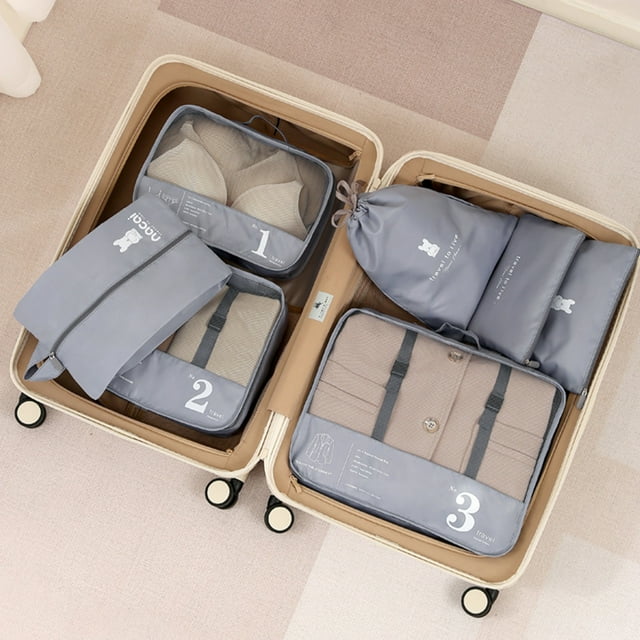Fiudx Organizador de Equipaje de Viaje, Sistema de Embalaje de 7 Piezas, Incluye Bolsas para Ropa, Zapatos y Lencería, Ahorra Espacio para Viajar Fácilmente, Perfecto para Vacaciones y Viajes de Nego