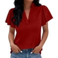 thumbnail image 5 of FRSASU Womens Tops Dressy Casual Summer Flutter Sleeve T-Shirts Trendy Ruffle Short Sleeve Loose V-Neck Tunic Tops Red, 5 of 7