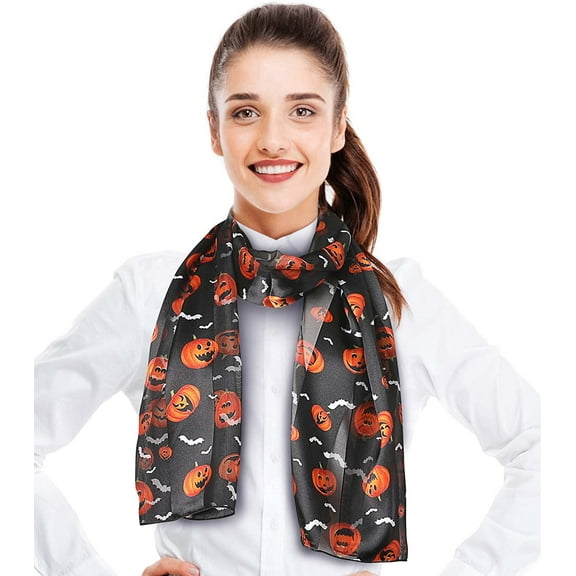 CBC Crown Women's Halloween Pumpkin & Bats Pattern 13" x 60" Silk Feeling Scarf