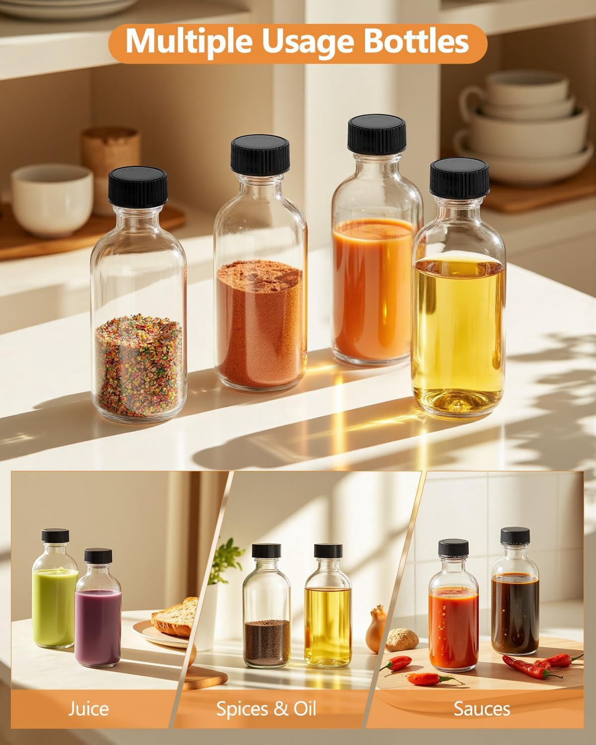 Neighborly Nook 4OZ Small Glass Bottles with Lids and Funnels, 120ml Boston Round Glass Bottles, Leak Proof Mini Travel Bottle, Perfect for Diy Essential Oils, Hot Sauce and Juices, 24 Pack Clear