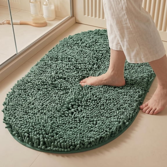 MudFree Bath Mat for Tub Non Slip, Super Absorbent Chenille Bathroom Rugs Oval Door Mat, Quick Dry Machine Washable Floor Mat for Kitchen Pet,Green 31"X20"