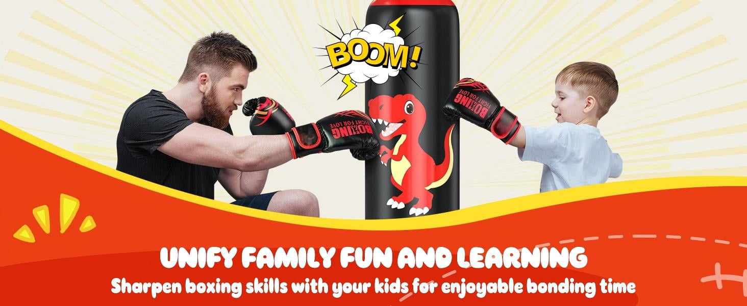 48" Inflatable Punching Bag for Kids, Lava Red Dinosaur with Black Pillar, Dinosaur Bop Bag for Boys & Girls Ages 3-8
