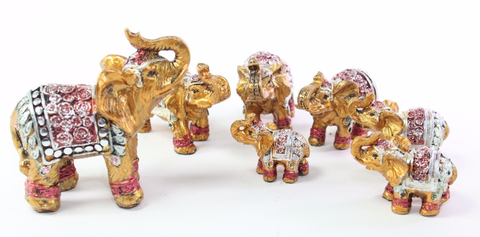 Feng Shui Set of 7 Small Gold Elephant Family Statues Figurines Gift Home Decor 