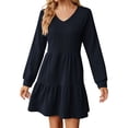 thumbnail image 2 of GZWYHT Dresses for Women 2025,Midi Dresses Womens Solid V Neck Long Sleeve Dress Casual Tunic Short Dresses Long Sleeve Dress,Petite Dresses,Navy Dress,Modest Dresses XL, 2 of 7