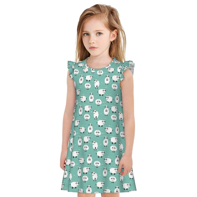 Fotbe Cute Sheeps Vestido de Dormir para Niñas de 3 a 10 Años, Mangas Cortas, Estilo Princesa, Pijama Camisón con Mangas Voladas-Small