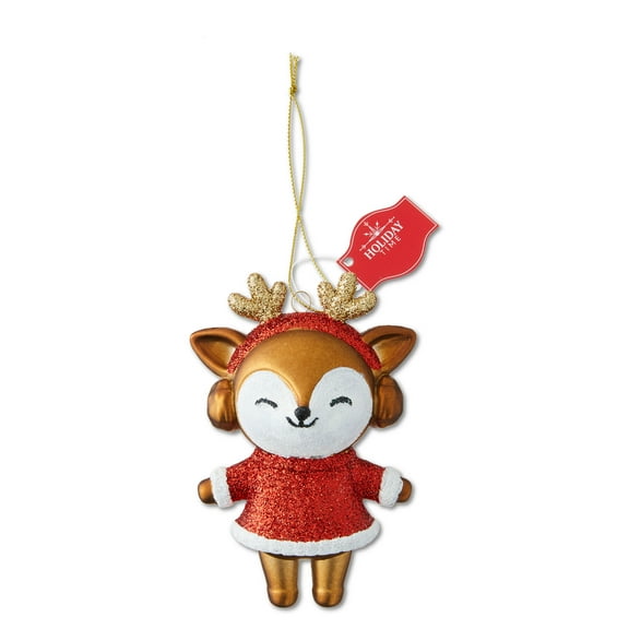 Red and White Plastic Glitter Reindeer Christmas Ornament, 4.5", by Holiday Time
