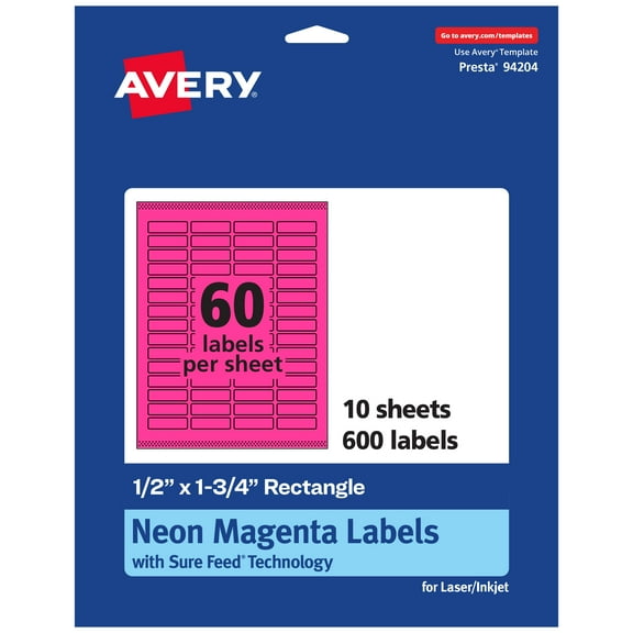 Avery Printable Rectangle Labels, Neon Magenta, 0.5" x 1.75", 600ct