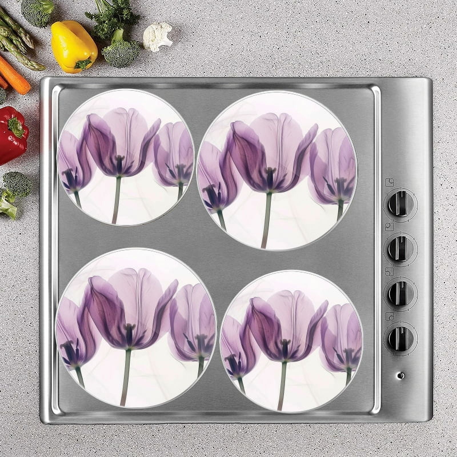 BaHomeck Electric Stove Burner Covers Set of 4,Round Metal Gas Stove Burner Covers 8 Inch and 10 Inch,Kitchen Decor,Purple Tulips With Delicate Purple Petals