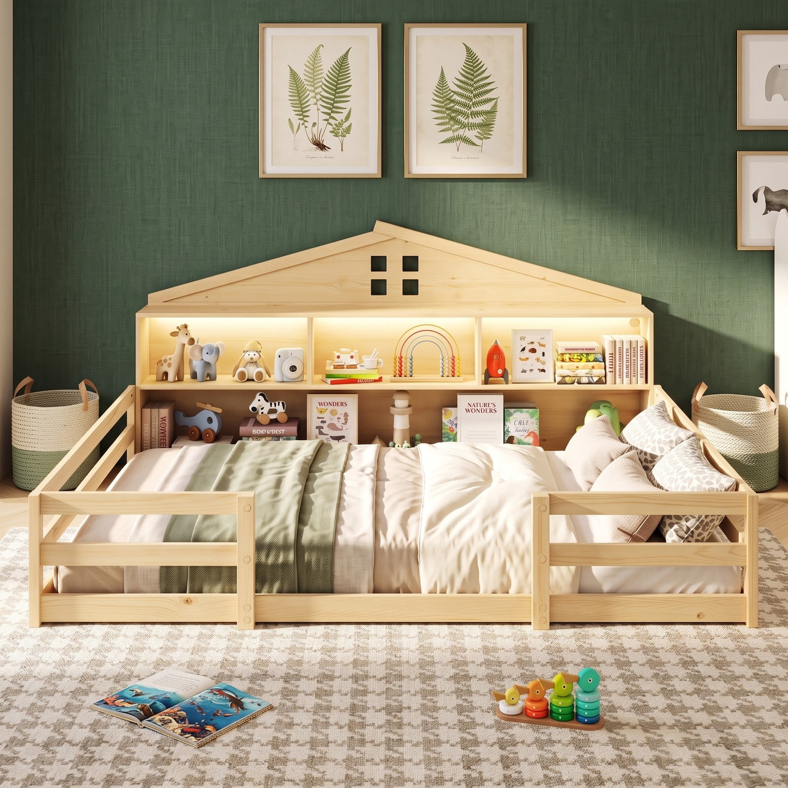 Furnibear Full Size Bed Frame, Montessori Floor Bed with House-Shaped Storage Headboard, Guardrails and Built-in LED Lights for Kids Room, Natural