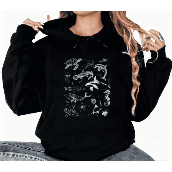 Women Black Oversized Hoodie Marine Life Illustration Graphic Hooded Sweatshirt Soft Casual Daily Tops S-2XL