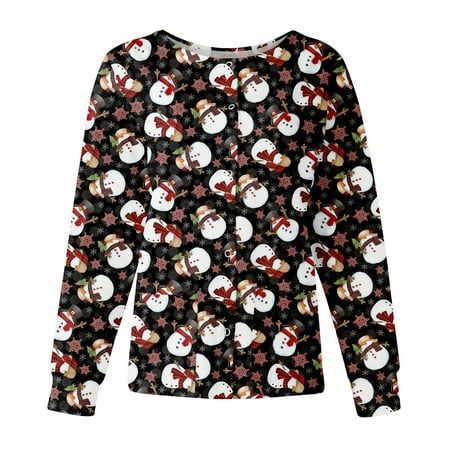 

QAZXD Womens Casual Tops Floral Round Neck Long Sleeve Scrub Tops with Two Pockets Pullover Black 3XL