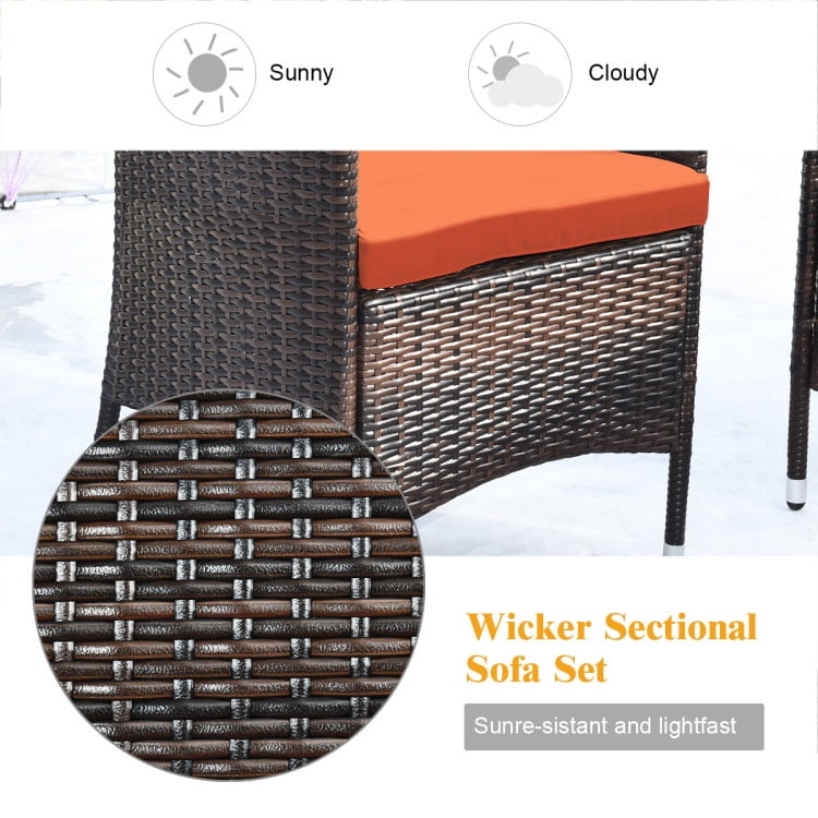 Aimee Lii 4 Pieces Patio Cushioned Wicker Conversation Set, Outdoor Sectional Set with with Glass Coffee Table, Orange Aimee Lii 4 Pieces Patio Cushioned Wicker Conversation Set, Outdoor Sectional Set with with Glass Coffee Table, Orange
