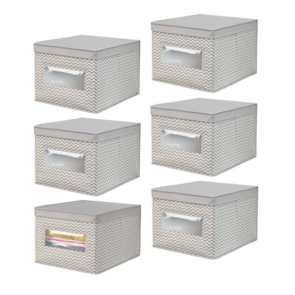 mDesign Large Fabric Closet Box with Window/Lid, 6 Pack, Taupe/Natural Chevron