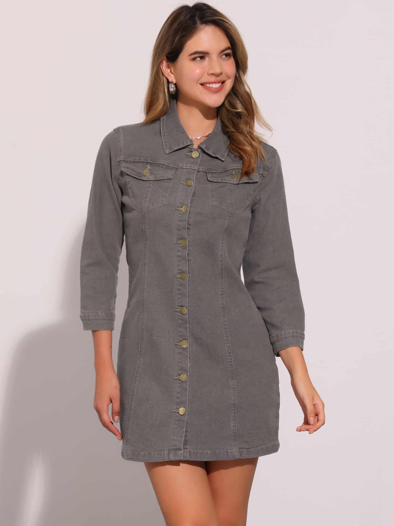 DARING DIVA 3/4 Sleeve Button Down Denim Shirt Dress M Gray