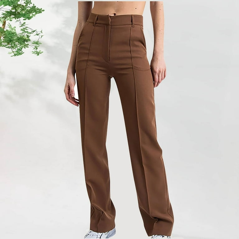 RYRJJ Dress Pants for Women High Waist Straight Wide Leg Palazzo Trousers  Loose Comfy Casual Business Work Pants with Pockets(Brown,XXL) 