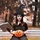 thumbnail image 5 of Sombrero de bruja de Halloween, sombrero de bruja de franela negro para mujer, accesorio para fiesta de disfraces de cosplay, 5 of 9