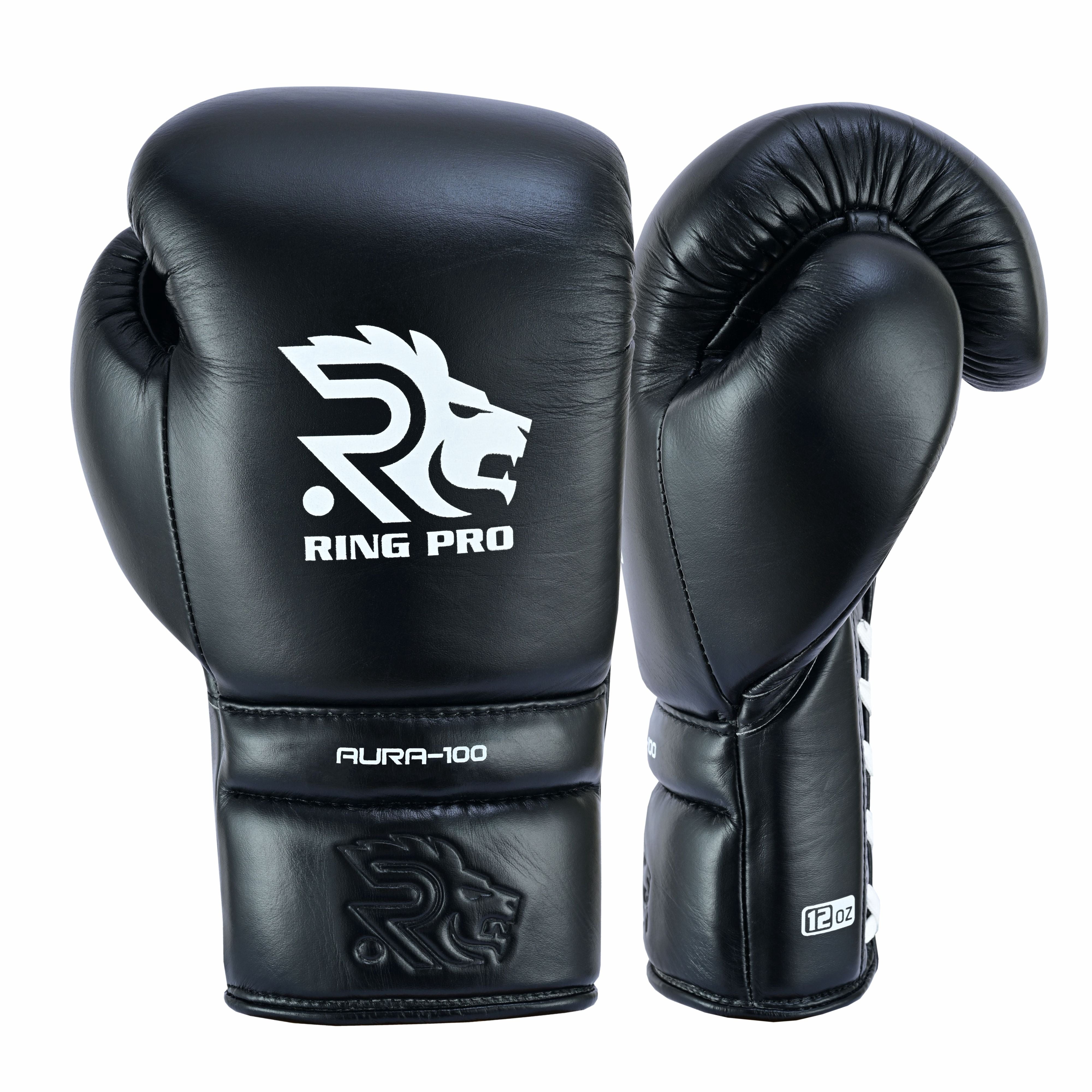 Ring Pro Sports Aura-100 Series Boxing Glove Made of Genuine Cowhide Leather for Boxing & MMA - Black 16 oz