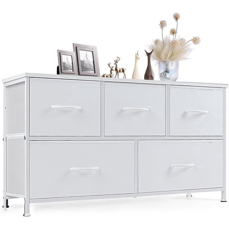 Dresser for Bedroom with 5 Drawers Fabric Storage Tower with Metal Frame and Wooden Top Wide Organizer for Clothes Bedroom Closet Hallway and Living Room White