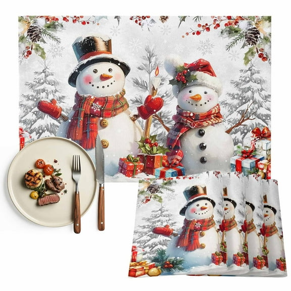 White Christmas Snowman Placemats Set of 4, Winter Holly Berry Table Mats Washable Heat-Insulation Non-Slip Place Mats for Kitchen Dinner Table Indoor Outdoor Decor,13x19 Inch Grey Snowflakes