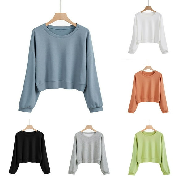 GEWSEY Women's Casual Long Sleeve Raw Hem Pullover Crop Tops Sweatshirts (White, XL)