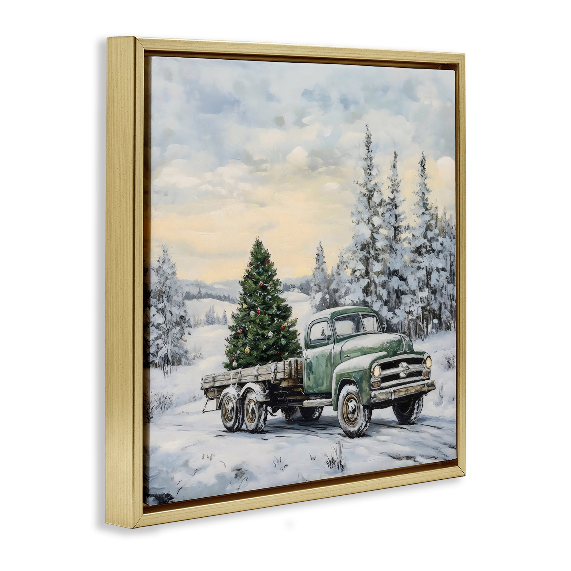 Green Christmas Tree Truck Gold Framed Floater Canvas Wall Art, design by Petal Prints Design