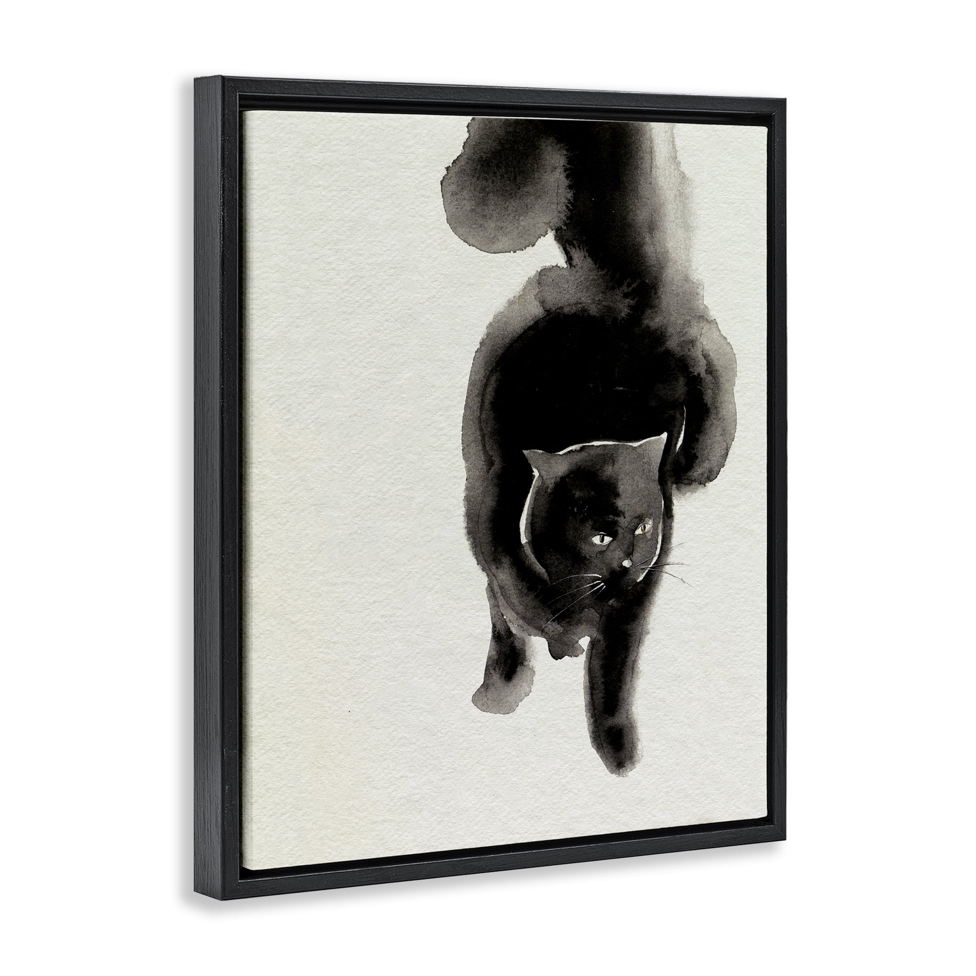 Stupell Industries Fierce Black Cat Animals Painting Black Floater Framed Canvas Art Print Wall Art, 17 x 21