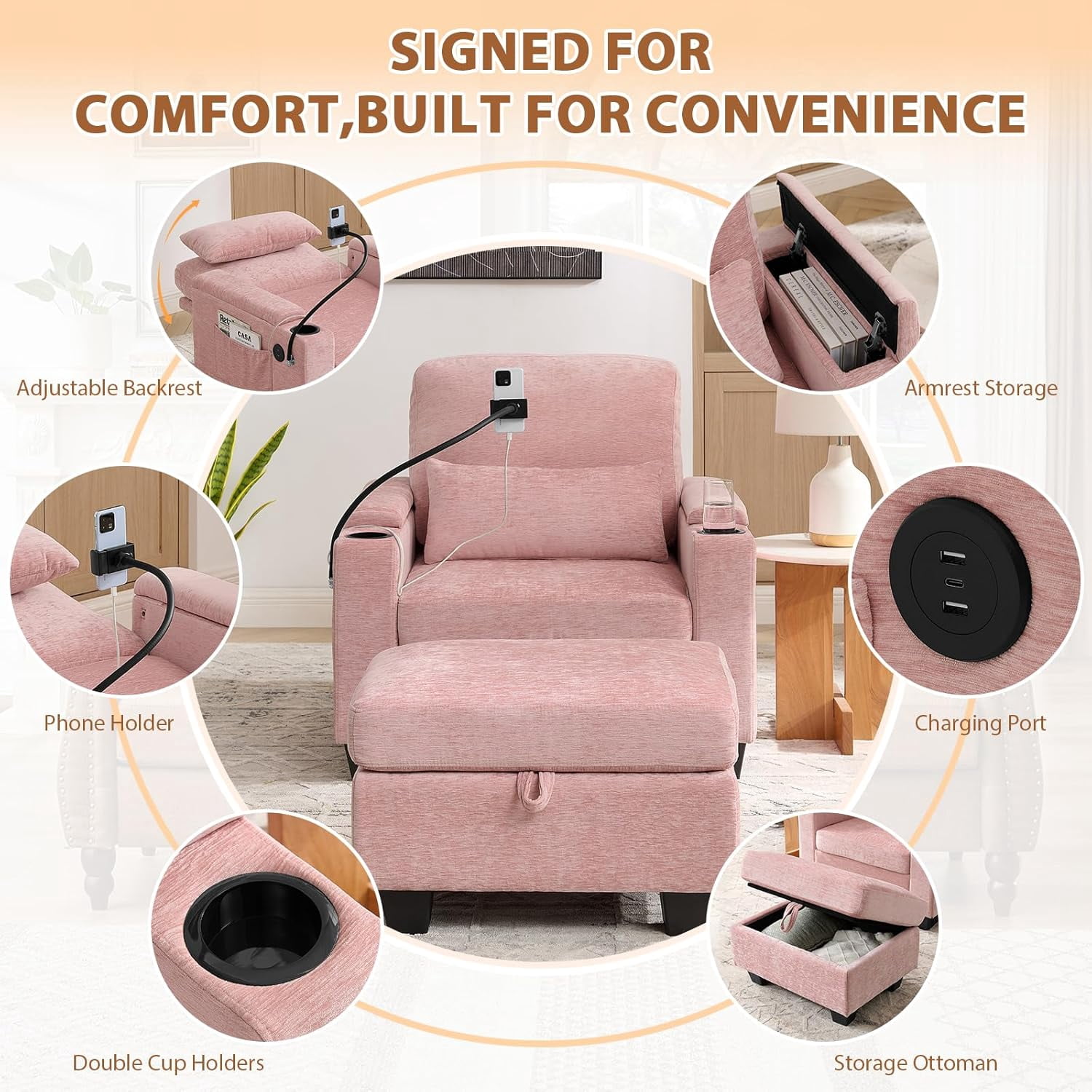 MOONMISS Oversized Chaise Lounge Chair Indoor, Single Convertible Recliner Reading Arm Sofa Chair W/Adjustable Backrest & Charging Port Couch Bed for Living Room, Home Theater & Bedroom,Pink