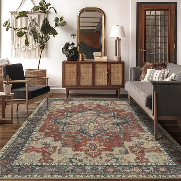 GENIMO 5x7 Area Rugs for Living Room, Machine Washable Non Slip Vintage Rugs, Low Pile Lightweight Chenille Print Rug for Bedroom, Dining Room, Home