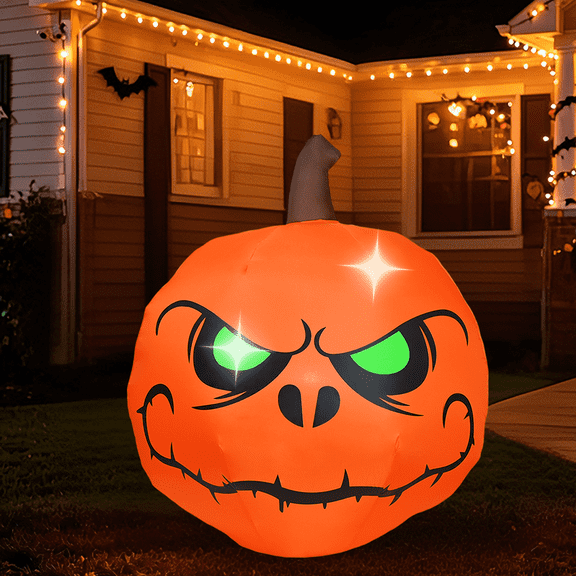 KINQUINN 4 FT Halloween Inflatables Pumpkin Decorations Outdoor with LED Lights, Blow Up Pumpkin with Eyes, Halloween Yard Decorations for Garden, Lawn, Home, Indoor, Outside, Party, Porch