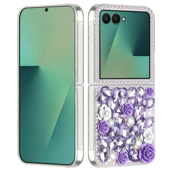 XPM for Samsung Galaxy Z Flip 7 Phone Case, Fashion Rose Flower Floral Bling Crystal 3D Full Diamonds Pearl Sparkle Rhinestone Glitter Hybrid Cover for Galaxy Z Flip 7 (Purple)