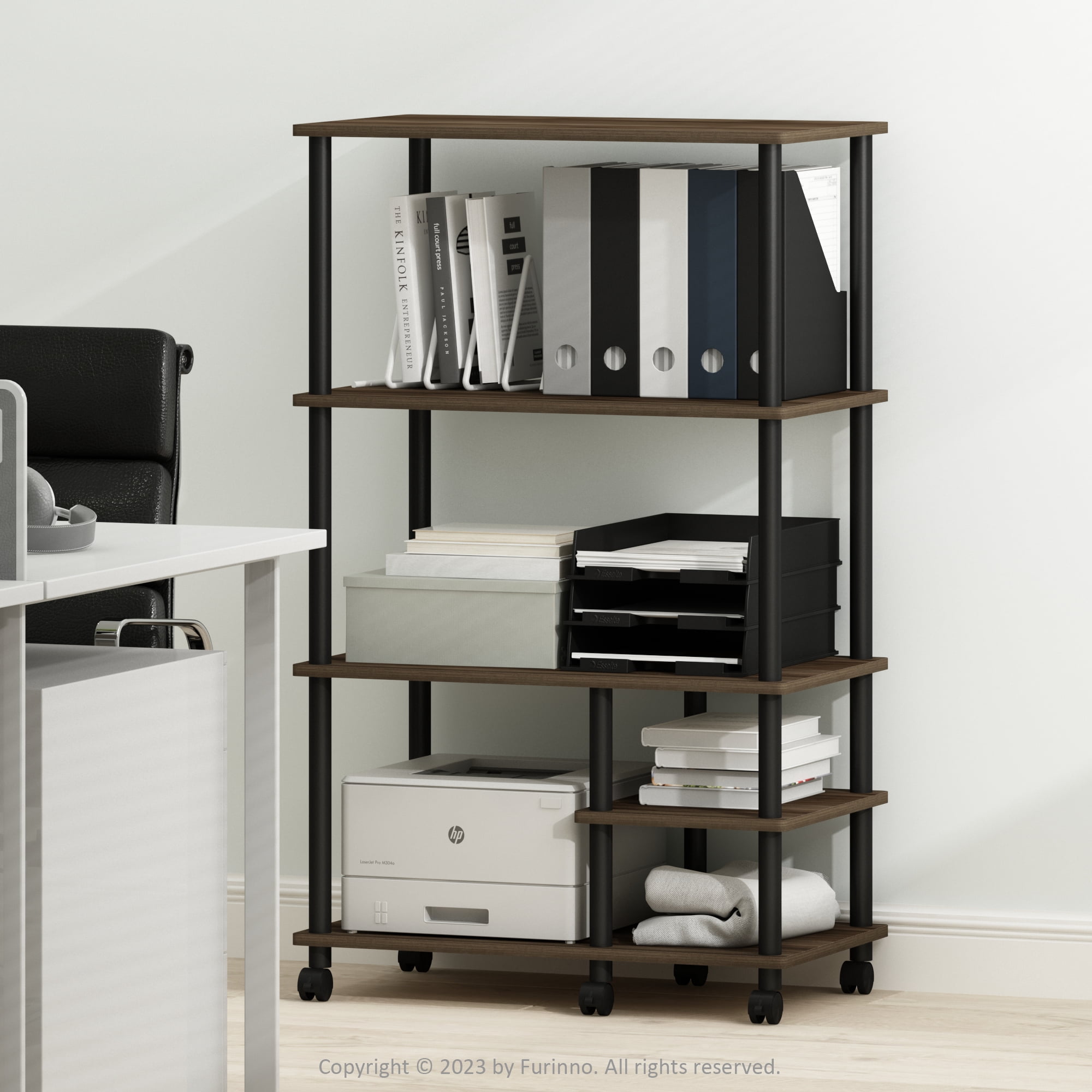 Furinno Turn-N-Tube 4-Tier Toolless Multipurpose Printer Stand Display Storage Shelf with Wheels, Columbia Walnut/Black