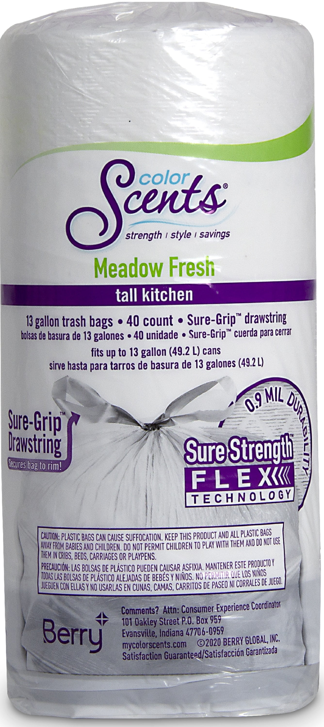 Color Scent Strong Flex Tall Kitchen Trash Bags, 13 Gallon, 40 Bags (Meadow Fresh Scent, Odor Control, Stretch Drawstring)