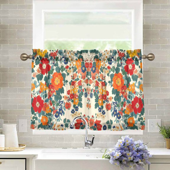 Yayeee Kitchen Curtains Light Filtering 27"x24" Rod Pocket Short Cafe Window Panel, Orange Japanese Flowers Pattern