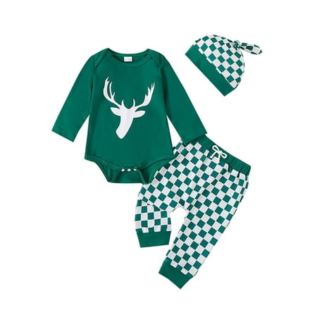 

Taoocy Toddler Baby Boy Girl Christmas Outfit Reindeer Print Long Sleeve Romper Checkerboard Pants Hat 3 Piece Set