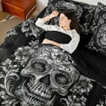 thumbnail image 4 of Homewish Spooky Gothic Skull 7-Piece Twin Bedding Sets,Retro Damask Flower Bedding Comforter Set,Gray Black Sheet Sets For Men Women,Microfiber Bedroom Decor Reversible, 4 of 8