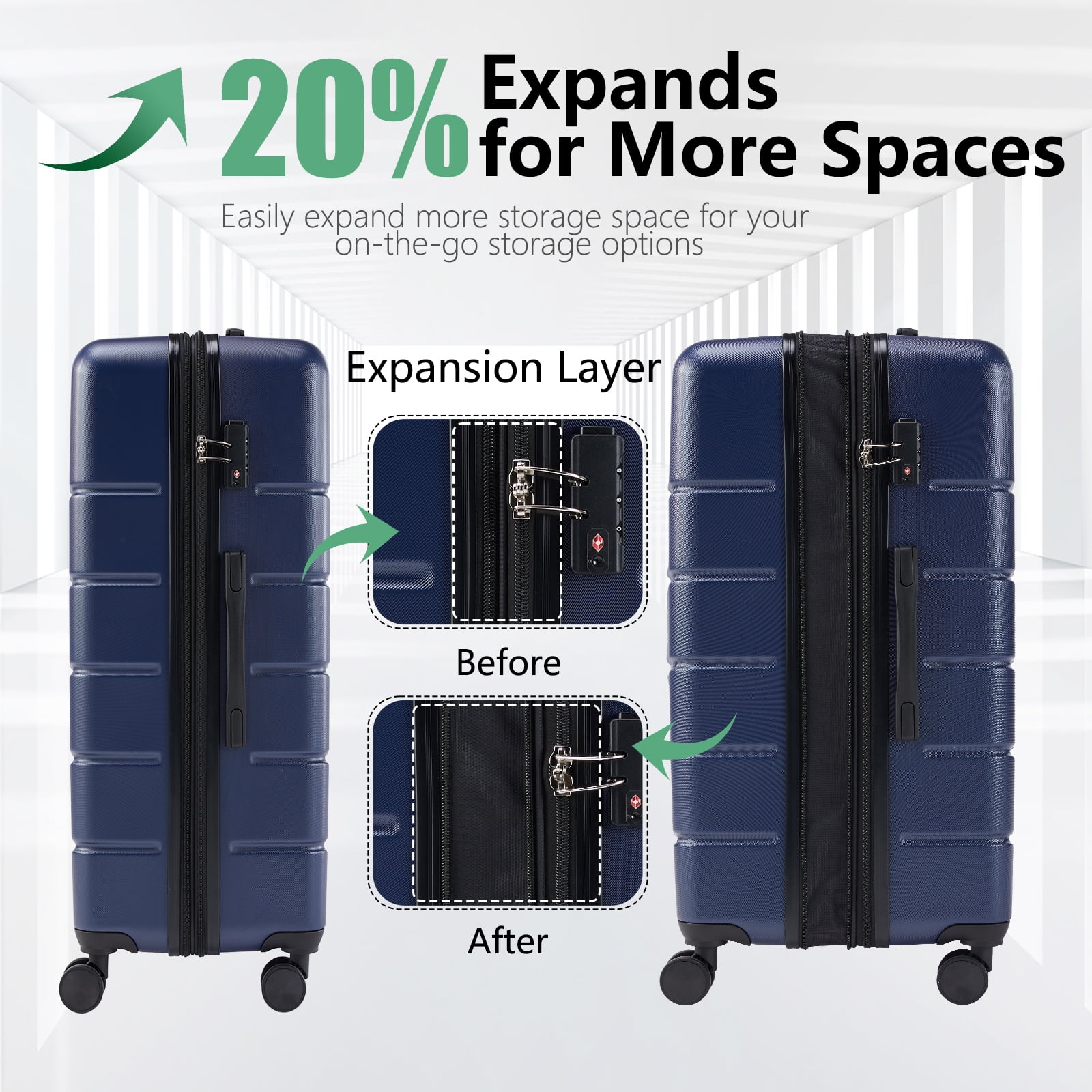 CONCETTA 20 Inch Carry on Luggage with Spinner Wheels, Hard Shell ABS Suitcase Lightweight Expandable Rolling Luggage, Blue