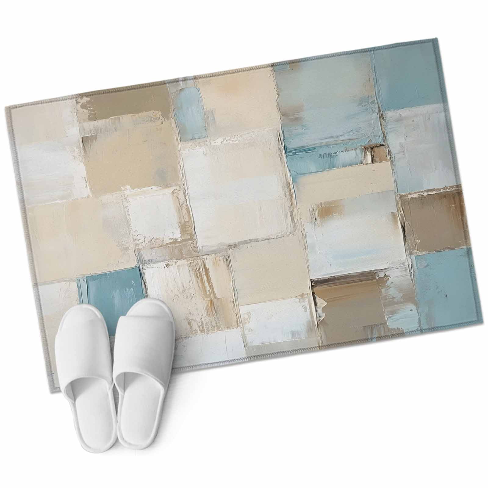 Blue Beige Bathroom Mat 2x3 FT, Non Slip Small Kitchen Mat, Modern Abstract Color Blocks Washable Soft Backed Front Door Throw Rug Non-Shedding Indoor Outdoor Doormat for Entryway Sink