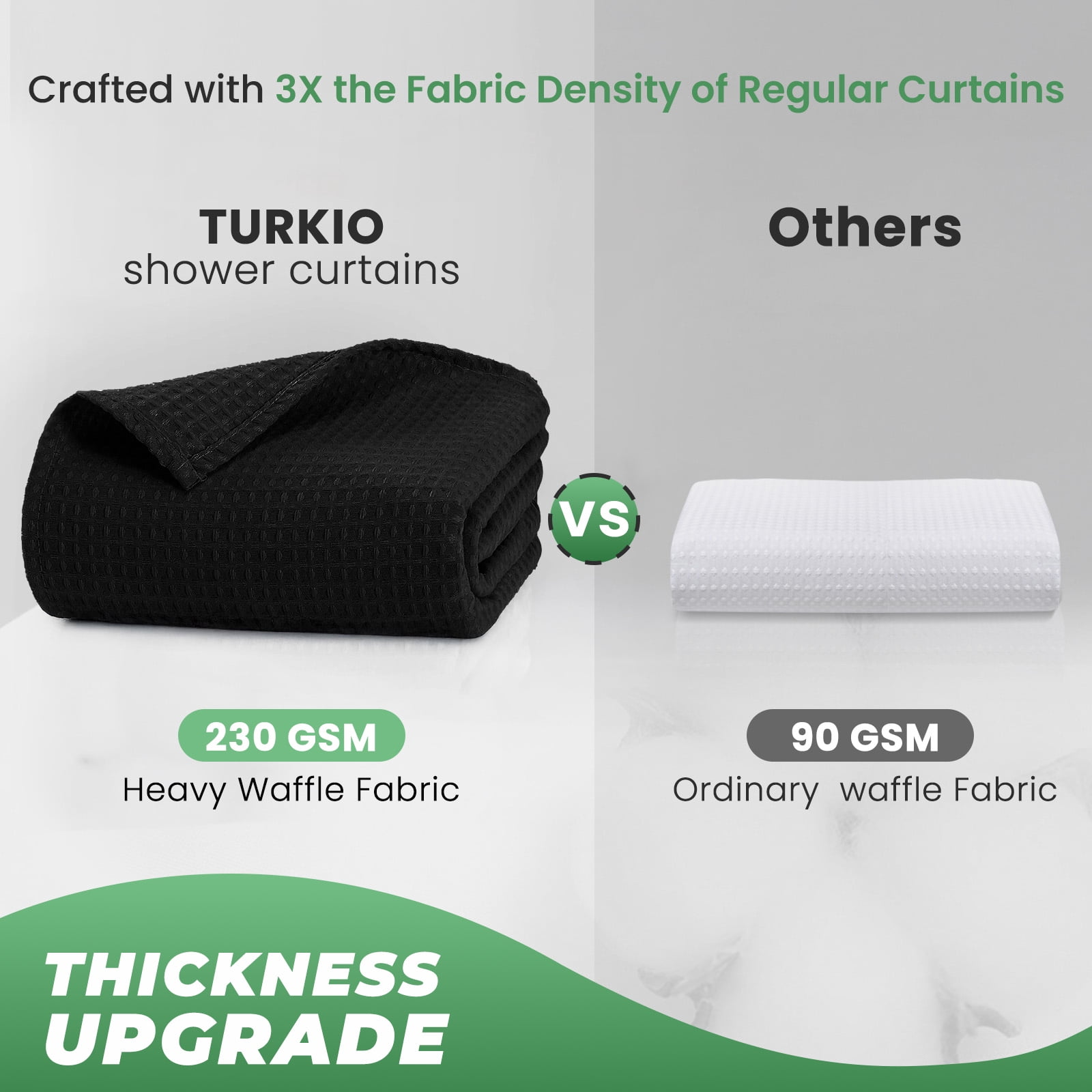 TURKIO Heavyweight Waffle Weave Fabric Shower Curtain,Water Repellent Hotel Grade Bathroom Curtain,Black,72" x 84"
