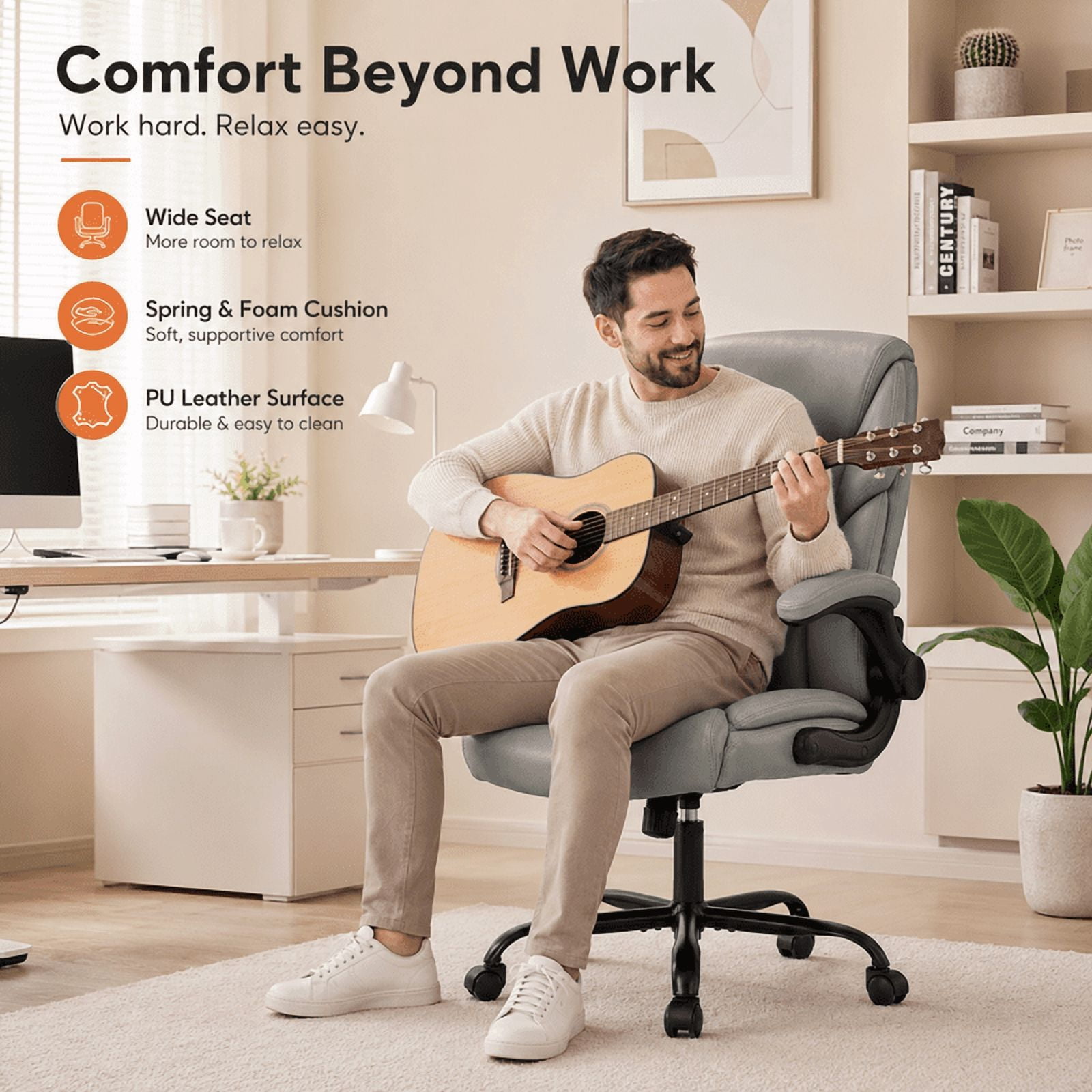 Ergonomic PU Leather Executive Office Chair, Adjustable Height Desk Chair with Lumbar Support, Wide Seat, 360° Swivel and Quiet Wheels, Gray