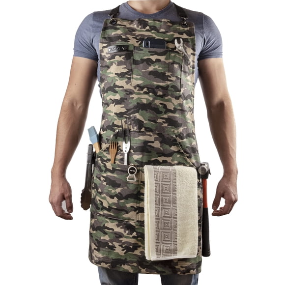 Delantal de trabajo y barbacoa Asaya Chef con abridor de botellas y toalla de mano - Durable lona de algodón de 10 oz Hardware de latón y correas cruzadas en la espalda - Para hombres y mujeres asar y