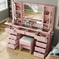 thumbnail image 2 of Vanity With Power Outlet, Vanity Desk With Mirror And 10 LED Lights, Makeup Vanity With 12 Drawers And 2 Cabinets, Fold-Up Panel, Glass Top Vanity Table With Chair For Bedroom, 2 of 10
