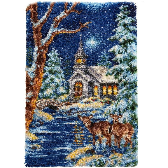 Latch Hook Rug Kit, Christmas DIY Latch Hook Rug Making Kit for Adults Kids, Autumn Cottage, Cross Stitch Kit Carpet Making Cushion Needlework for Beginners, Home Decor, 60x40 cm