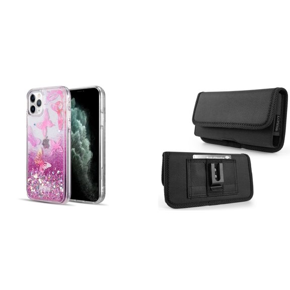 Liquid Glitter Case for iPhone 14 Pro Max and Belt Holster Pouch - Pink Butterfly